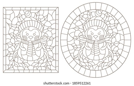 Set of contour illustrations of stained glass Windows with funny cartoon penguines and Holly,  dark contours on a white background