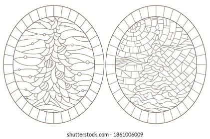 Set of contour illustrations of stained glass Windows with Christmas trees , dark contours on a white background