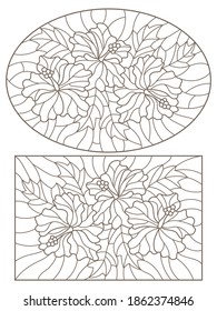 Set of contour illustrations in stained glass style with hibiscus flowers and leaves, dark outlines on a white background