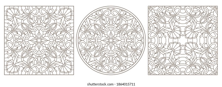 Set contour illustrations of stained glass with abstract swirls and flowers , dark outlines on a white background