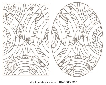 Set of contour illustrations in stained glass style with abstract butterflies, dark outlines on a white background