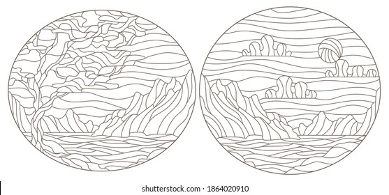 Set of contour illustrations of stained glass Windows with landscapes, dark contours on a white background, oval images