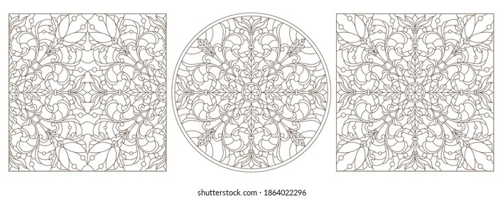 Set contour illustrations of stained glass with abstract swirls and flowers , dark outlines on a white background