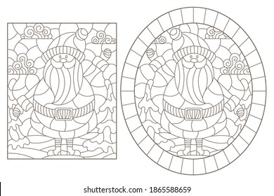 Set of contour illustrations of stained glass Windows with cartoon Santa Claus, dark outlines on a white background