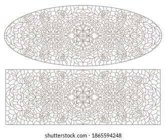 Set contour illustrations of stained glass with abstract swirls and flowers , horizontal orientation