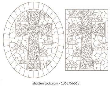 Set of contour illustrations in stained glass style with Christian crosses, dark outlines on a white background