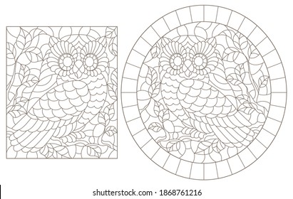 Set of contour illustrations of stained glass Windows with cute cartoon owls on tree branches, dark outlines on a white background