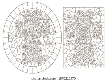 Conjunto de ilustraciones de contorno en vidrio manchado con cruces cristianas, contornos oscuros sobre un fondo blanco