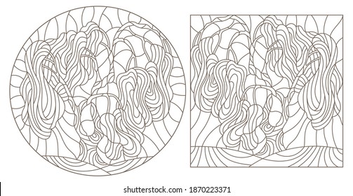 Set contour illustrations of stained glass with the image of the trees,dark outlines on a white background