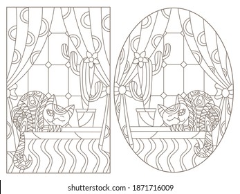 Set of contour illustrations in stained glass style with cats on the background of Windows, dark contours on a white background