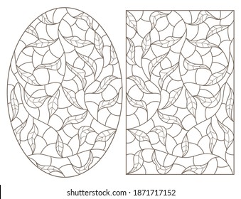 Set of contour illustrations of stained glass Windows with intertwined leaves, dark outlines on a white background