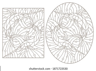 Set of contour illustrations of stained glass Windows with fish, fish sailboat and fish sword, dark contours on white background
