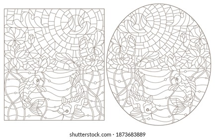 Set of contour illustrations in stained glass style with a pair of koi carp and Lotus flowers on a background of water and a Sunny sky, dark contours on a white background