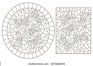 Set of contour illustrations in stained glass style with abstract butterflies, dark outlines on a white background