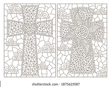 Set of contour illustrations in stained glass style with Christian crosses, dark outlines on a white background, rectangular images