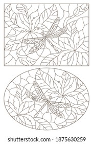 Set of contour illustrations in stained glass style with dragonfly and flowers, dark outlines on a white background