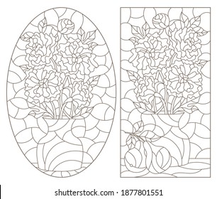 Set of contour illustrations in stained glass style with floral still lifes, dark contours on a white background