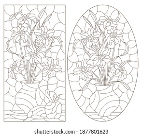 Set of contour illustrations in stained glass style with floral still lifes, dark contours on a white background