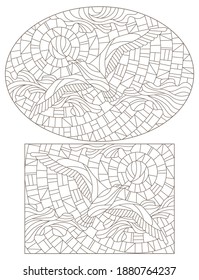 Set of contour illustrations of stained glass Windows with a Seagull on the background of the sky, sun and clouds, dark contours on a white background