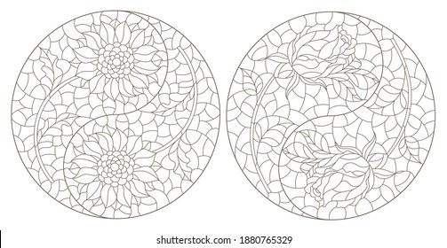 Set of contour illustrations in stained glass style with roses and sunflowers in the Yin Yang sign, dark contours on a white background