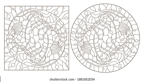 Set of contour illustrations in stained glass style with shrimps on a background of water and air bubbles, dark contours on a white background