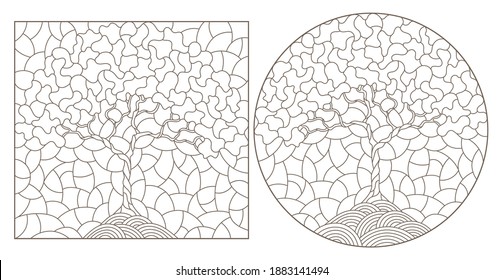 Set contour illustrations of stained glass with the image of the trees,dark outlines on a white background