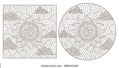 Set of contour illustrations in stained glass style with the sun and clouds in the sky, dark contours on a white background