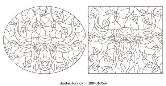 Set of contour illustrations in stained glass style with portraits of bulls, dark contours on a white background