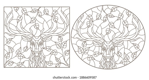 Set of contour illustrations in stained glass style with portraits of deers, dark contours on a white background