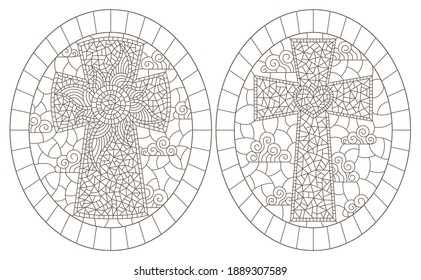 Set of contour illustrations in stained glass style with Christian crosses, dark outlines on a white background, oval images in frames