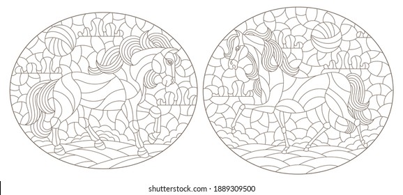 Set of contour illustrations in the stained glass style with horses on a landscape background, dark contours on a white background, oval image