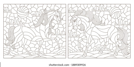 Set of contour illustrations in the stained glass style with horses on a landscape background, dark contours on a white background, rectangular images