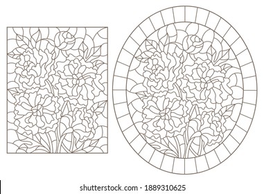 Set of contour illustrations of stained glass Windows with bouquets of peonies, dark outlines on a white background