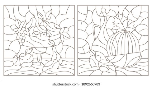 Set of contour illustrations of stained glass Windows with still lifes, a jug , cut watermelon and fruits, dark outlines on a white background