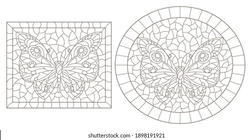 Set of contour illustrations in stained glass style with butterflies in frames, dark contours on a white background