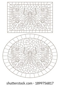 Set of contour illustrations in stained glass style with butterflies in frames, dark contours on a white background