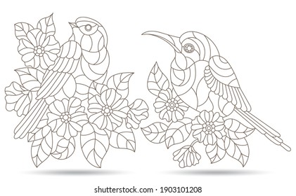 A set of contour illustrations in the stained glass style with birds among flowers, figures isolated on a white background
