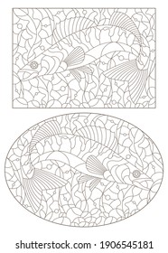 A set of contour illustrations in the stained glass style with pike perch fishes on a background of algae, dark contours on a white background