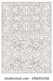 Set contour illustrations of stained glass with abstract swirls and flowers , horizontal orientation