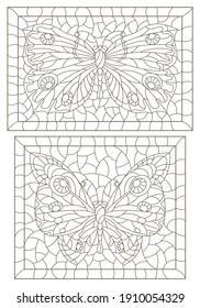 Set of contour illustrations in stained glass style with butterflies in frames, dark contours on a white background, rectangular illustrations