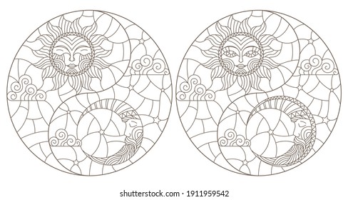 A set of contour illustrations in a stained glass style with the sun and moon, dark outlines on a white background