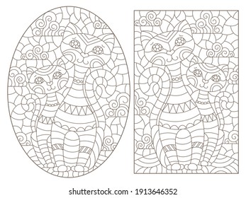 Set of contour illustrations in stained glass style with abstract cats, dark outlines on a white background