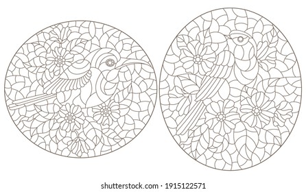 Set of contour illustrations in stained glass style with cute birds and flowers, dark outlines on a white background, oval images