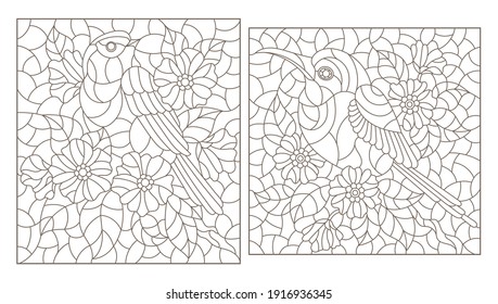 Set of contour illustrations in stained glass style with cute birds and flowers, dark outlines on a white background, rectangular images