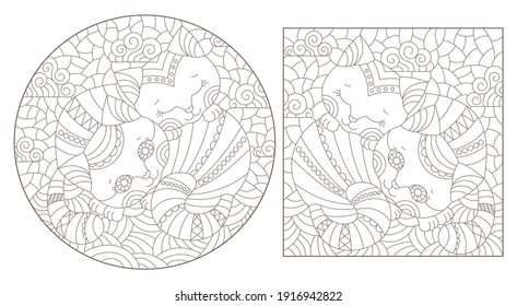Set of contour illustrations in stained glass style with abstract cats, dark outlines on a white background
