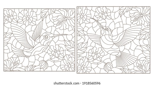 Set of contour illustrations of stained glass Windows with Hummingbird birds and flowers, dark outlines on a white background, rectangular images