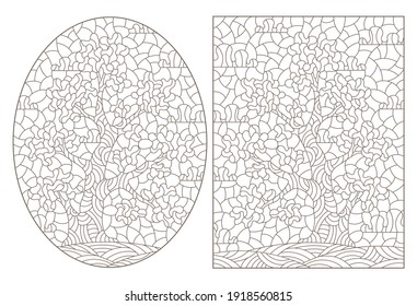 Set of contour illustrations in stained glass style with abstract trees, dark outlines on a white background
