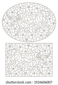 Set of contour illustrations in stained glass style with abstract bulls on a starry sky background, dark outlines on a white background