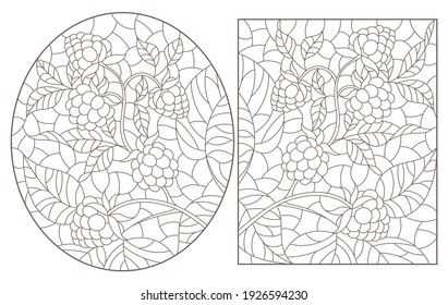 Set of contour illustrations of stained glass windows with branches with berries and leaves, dark outlines on a white background