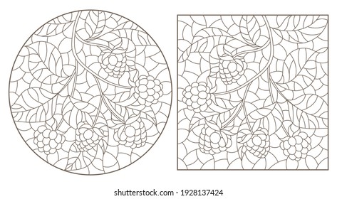 Set of contour illustrations of stained glass windows with branches with berries and leaves, dark outlines on a white background